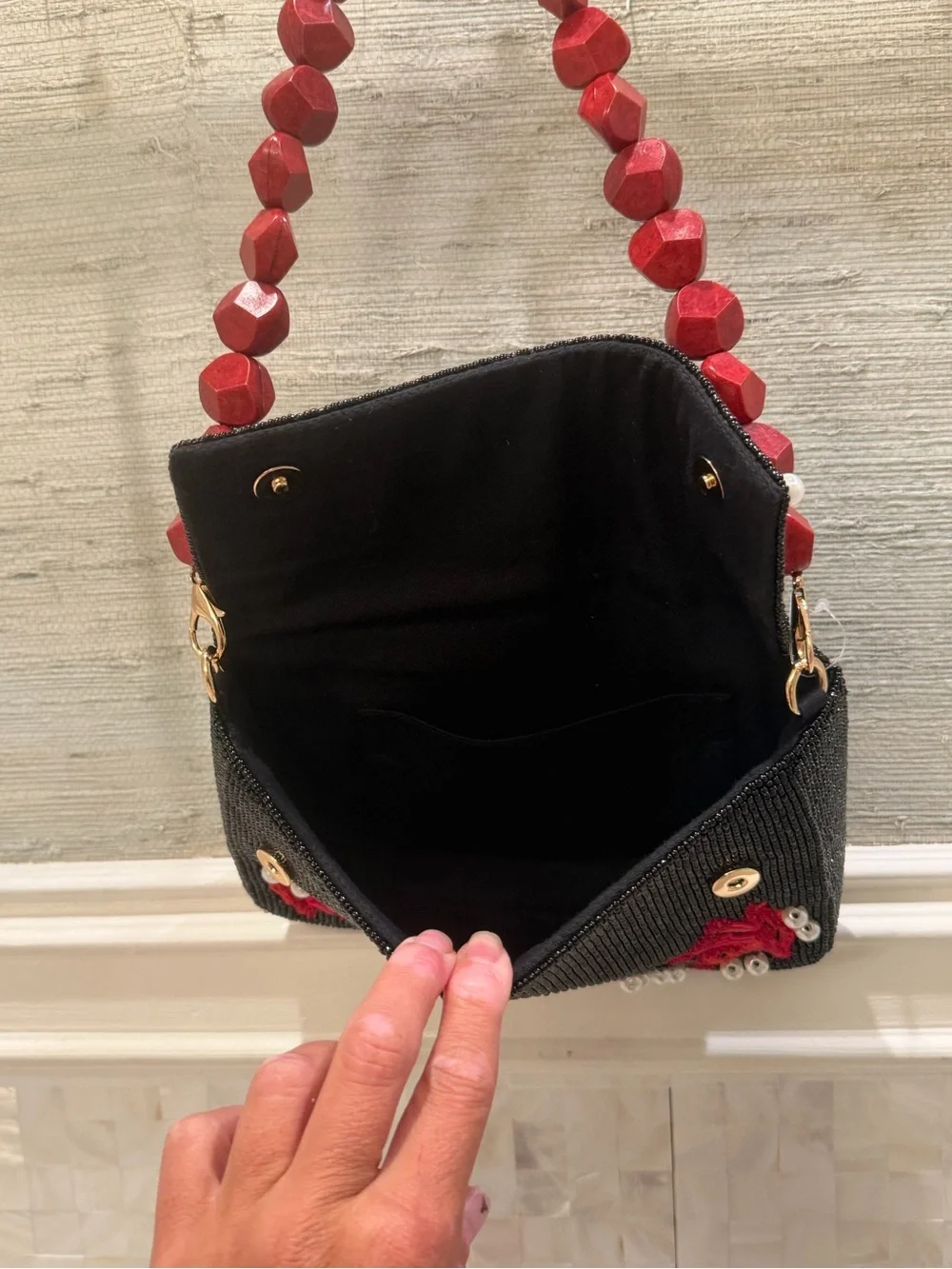New Beaded shoulder Bag black with red coral white stone handle purse embroidery